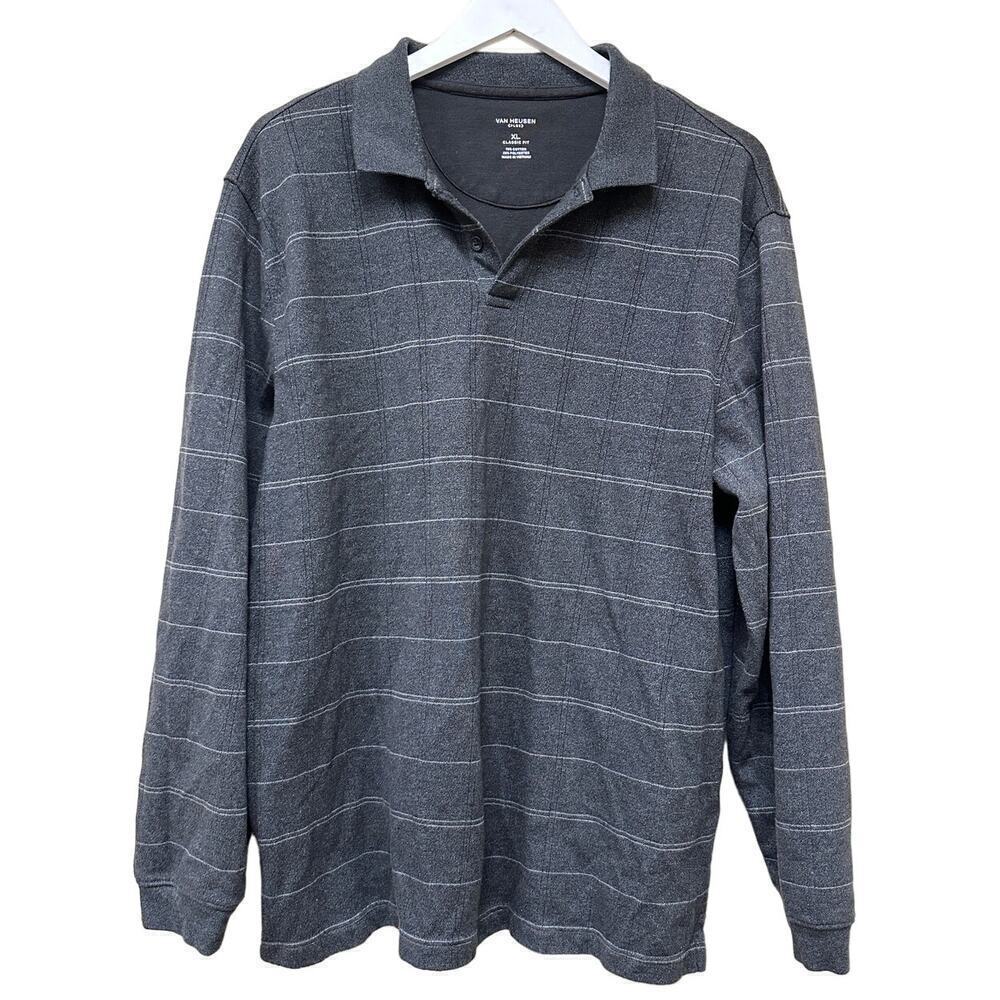 Van Heusen Gray White Flex Long Sleeve Striped Windowpane Polo Sweater Size XL